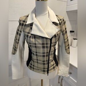 DROME Leather Moto Jacket S Plaid Panel Italy | Cream Black Asym Zip Lambskin
